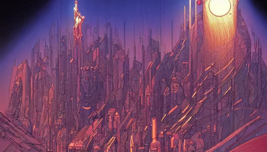 Image similar to the origine of cybertimes, metahumans and androids, fractals, cyberpunk city well, visual development by jean giraud and moebius, incal!!!!!!, dynamic lighting