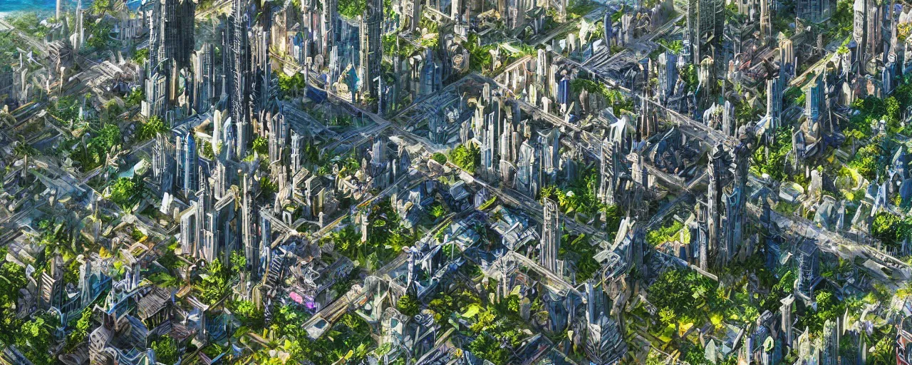 Image similar to a futuristic yet traditional metropolis city in a utopia, matte painting, digital painting, intricate, small details, national geographic cover, award winning, 4 k, botanical garden, lush, bright, clear, smooth,