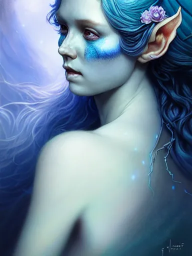 Image similar to the elven queen with blue skin by james jean, charlie bowater, tom bagshaw, nikolay makovsky, melanie delon : : enchanting, ethereal, magical, glowing, sparkle, prismatic, portrait, character design, illustration, hyperrealism, photorealism, digital art, concept art, fantasy, whimsy, weta, wlop, artstation