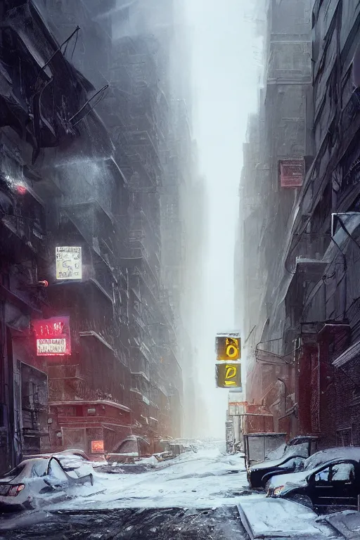 Prompt: Street in post apocalyptic Manhattan new york after a Blizzard, snow Storm, dramatic lighting, cinematic, establishing shot, extremly high detail, photo realistic, cinematic lighting, post processed, concept art, artstation, matte painting, style by eddie mendoza, raphael lacoste, alex ross