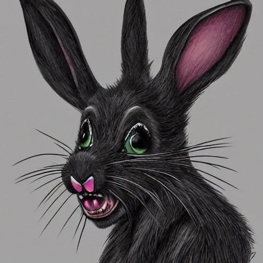 Image similar to A extremely highly detailed majestic hi-res beautiful, highly detailed head and shoulders portrait of a scary terrifying, horrifying, creepy black cartoon rabbit with scary big eyes, earing a shirt laughing, hey buddy, let's be friends, in the art style of Walt Disney