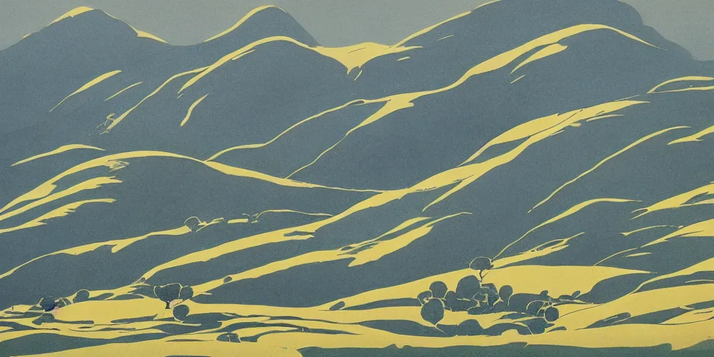 Prompt: The Scottish Highlands, a clear day, in the style of Eyvind Earle,