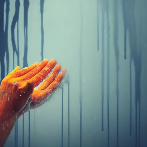 Image similar to a blurry closeup picture of hands around neck, dripping wet, no face, macro photography, long exposure photograph, surrealism, anamorphic bokeh, cozy, soft light, cyan and orange, caustic, atmospheric fog, octane render, cinematic