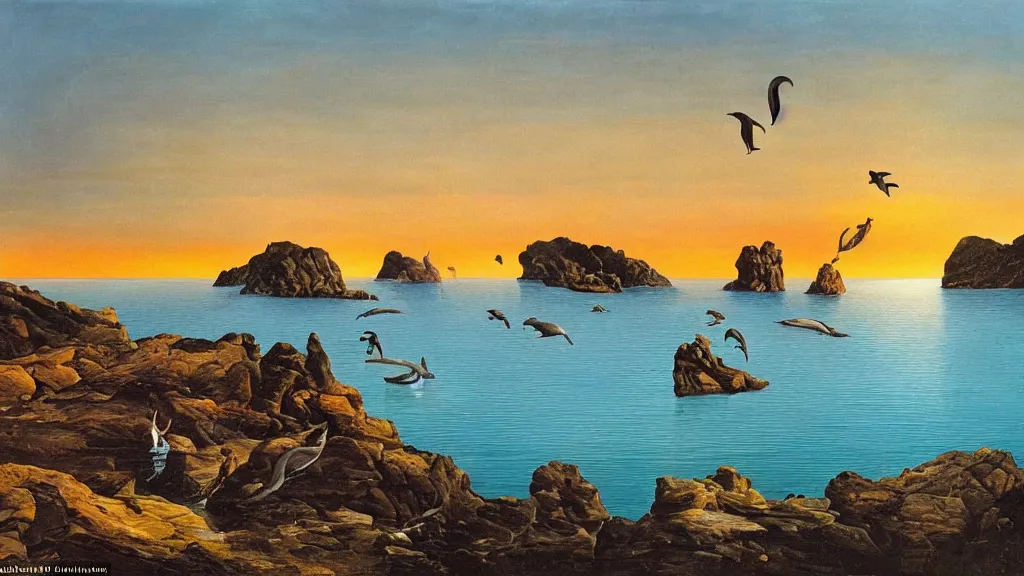 Image similar to High-Quality surrealist painting of Cap de Creus with dolphins at dawn, peaceful, very detailed, oil painting by Salvador Dalí.