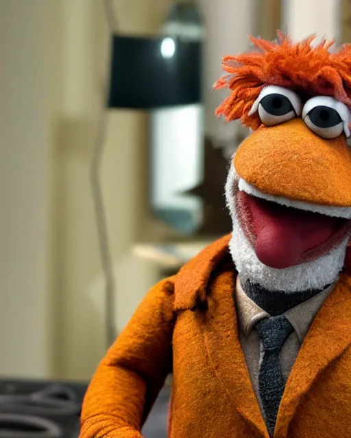 Prompt: roy anderson as a muppet. highly detailed felt. hyper real photo. 4 k.