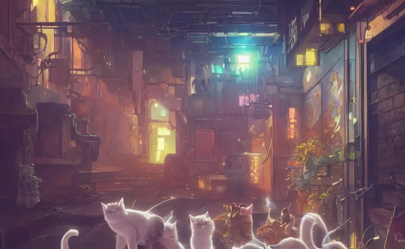 Prompt: a group of cats with one cat stretching in an alleyway in a space opera cyberpunk studio ghibli animated film, volumetric lighting, octane render by anime, stanley artgerm lau, greg rutkowski, thomas kindkade, alphonse mucha, loish, norman rockwel, highly detailed