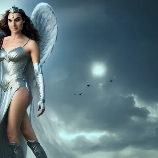 Image similar to Portrait of the beautiful woman Gal Gadot as an angel, she is coming down from the clouds, she has a crown, there is a glow coming from her, she is getting ulluminated from the sky, the photo was taking by Annie Leibovitz, matte painting, oil painting, naturalism, 4k, 8k