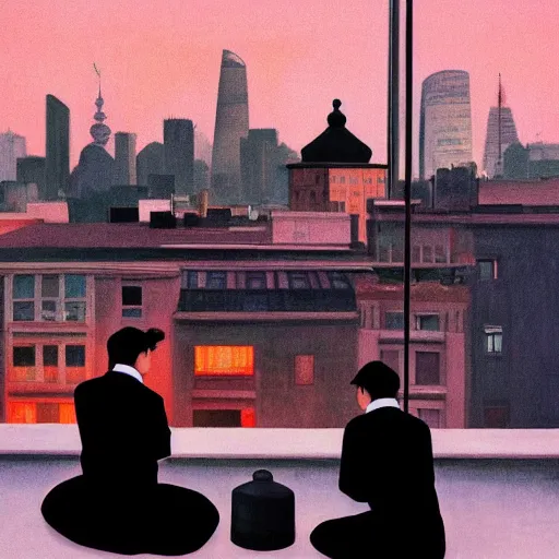 Image similar to a small rooftop with a couple of people sitting and watching the view, wearing black modern clothes, modern shanghai bund is on the background, sunset, by edward hopper, by gregory crewdson