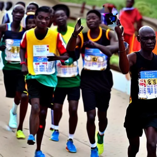 Prompt: african xi jinping running a marathon, hands in air