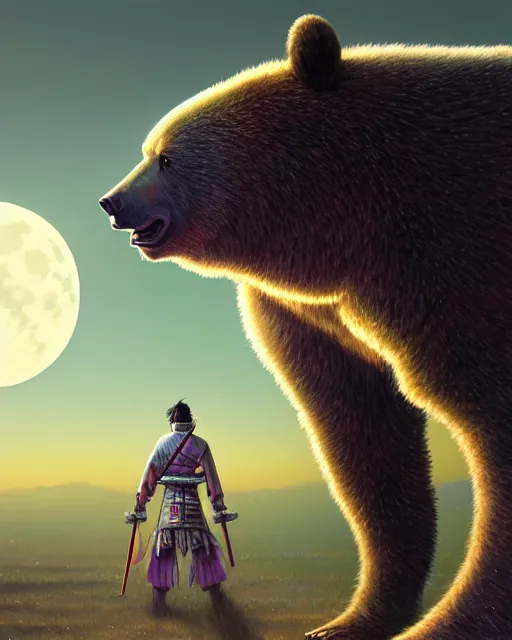 Image similar to highly detailed surreal vfx portrait of a metallic chromatic samurai bear in front of a full moon, stephen bliss, unreal engine, greg rutkowski, loish, rhads, beeple, makoto shinkai and lois van baarle, ilya kuvshinov, rossdraws, tom bagshaw, alphonse mucha, global illumination, detailed and intricate environment