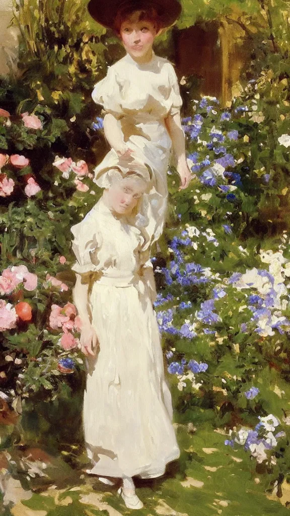 Image similar to beautiful young julee wear alace dress in a botanical yard set near a persian pot by john singer sargent