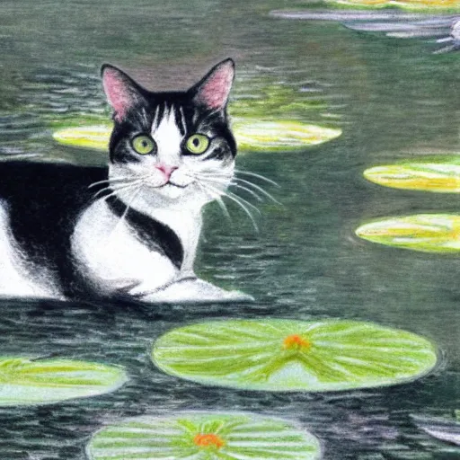 Prompt: a white black and grey tabby cat with a black and grey striped head, stretching on a lilypad floating on a lake, in the style of Water Lilies painting by Monet