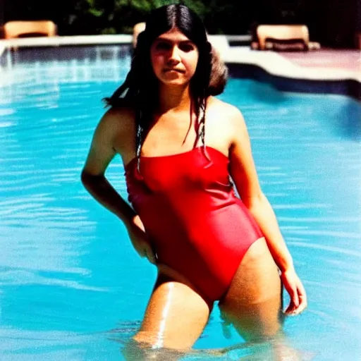 Image similar to clear photo of a beautiful and young female singer of native american descent in a pool with a red swimsuit taken in 1 9 7 6, high quality, highly detailed 7 0 s style photography, long dark hair, elegant pool, trending on pinterest, aesthetically beautiful, elegant