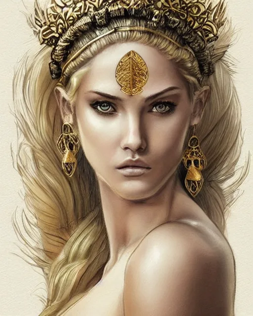 Image similar to tattoo design sketch of cute beautiful blonde super model as aphrodite greek goddess wearing a gold laurel wreath and triangle earrings, beautiful piercing gaze with sharp pupils, in the style of greg rutkowski, fantasy, amazing detail, epic, elegant, smooth, sharp focus, front view