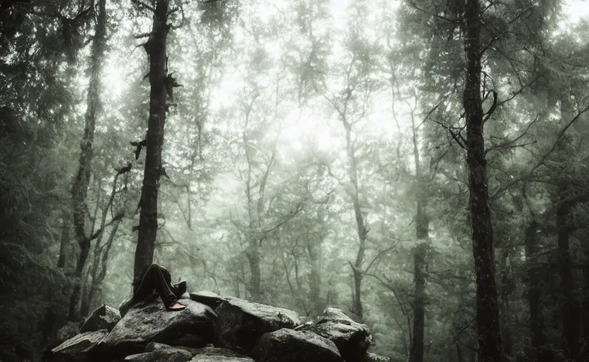 Image similar to a lonely wandering soul, resting in a forest sitting on a boulder, listening to the quiet and the breeze, smiling and looking up at the trees, by elizabeth gadd