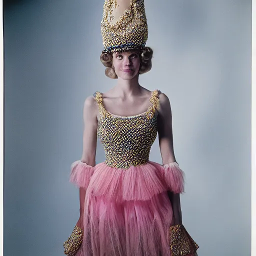 Prompt: a princess with long blonde hair and blue eyes wearing a sleeveless elaborately beaded pink dress and a cone shaped hat, high resolution film still, film by Simon Langton and David Frankel