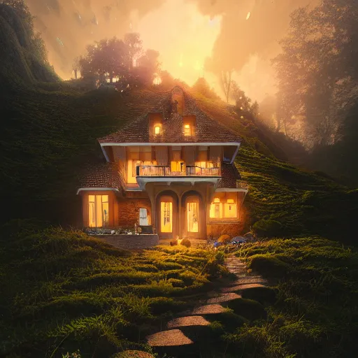 Image similar to ! dream small hillside house made of honey and milk, modern lighting, hyper - realistic, hyper - detailed, 8 k, octane rendered, art nouveau, organic, flowing, impossible torsion, writhing, dusk, lush, dynamic, in the style of ross tran