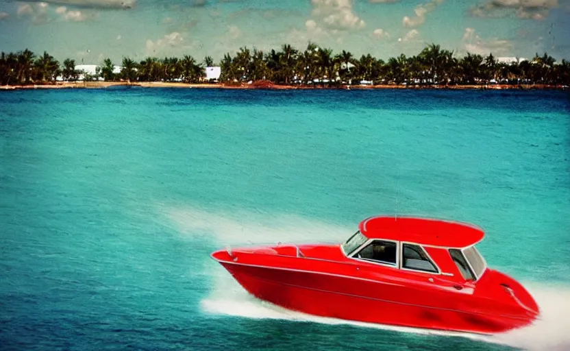 Image similar to photorealistic picture of a red scarab 3 8 kv boat driving in turquoise water. miami. 8 0's style