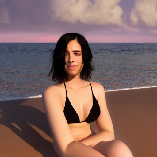 Image similar to real life photo of a beautiful girl, full body photoshoot, short black hair yellow tips, golden watery eyes, full round face, short smile, pale pink bikini, serene beach setting, cinematic lightning, medium shot, mid - shot, highly detailed, trending on artstation, unreal engine 4 k, 8 0 mm, 8 5 mm, cinematic wallpaper