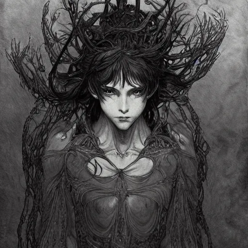 Image similar to gustave dore james gurney artstation hyperrealism photo - realistic demon hyperdetailed intricate beautiful interwoven fibers of death and solace solitude alphonse mucha yoji shinkawa apophasis shintaro kago junji ito esoteric hypnogogic ethereal ethereality dreamscape