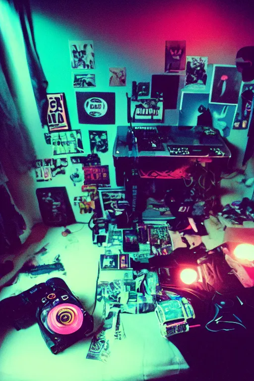 Image similar to agfa vista 4 0 0 photograph of a cluttered 9 0 s teenagers goth punk rock bedroom, synth vibe, vaporwave colors, lens flare, moody lighting, moody vibe, telephoto, 9 0 s vibe, blurry background, grain, tranquil, calm, faded!,