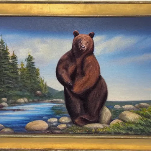 Image similar to oil painting of a bear standing on rocky hill, fast floeing river seen at the bottom