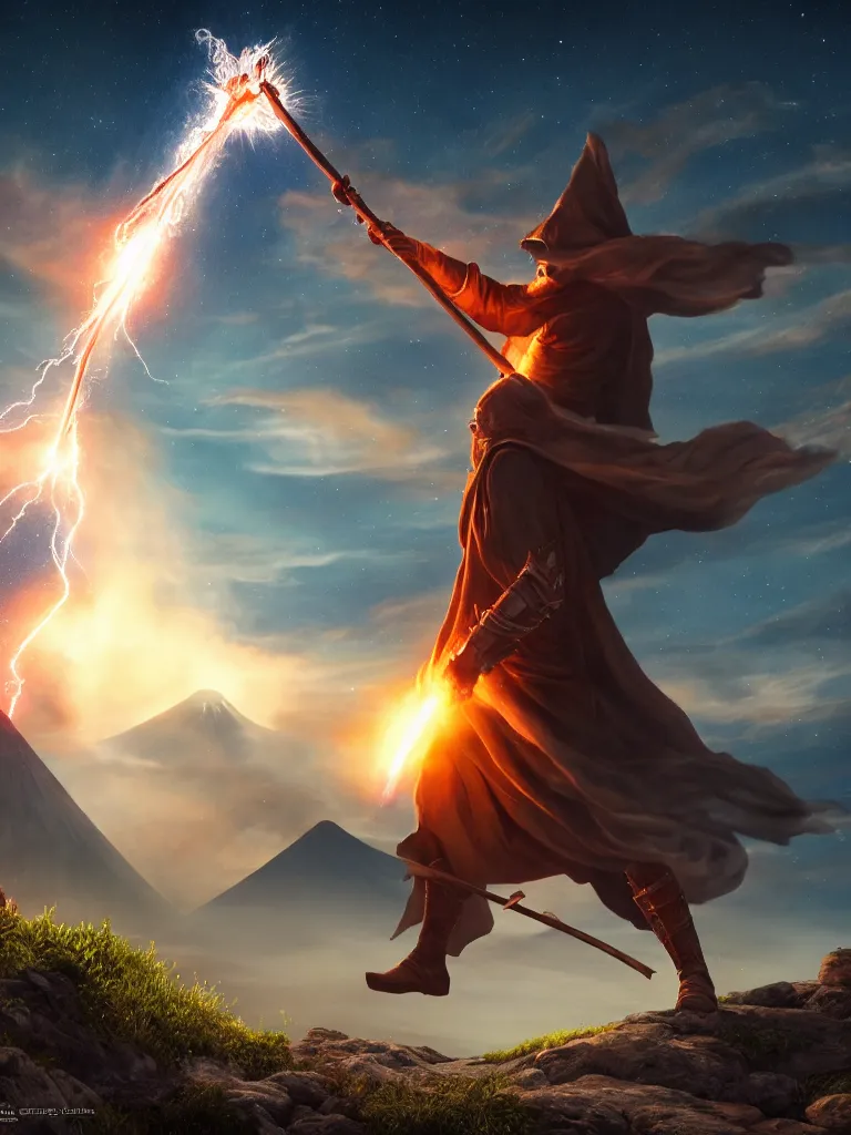 Image similar to levitating wizard wielding a spear, opening a shining portal, night sky, horizon of an erupting volcano, 4 k, ultra realistic, detailed, epic lighting, high detail, masterpiece, trending on artstation