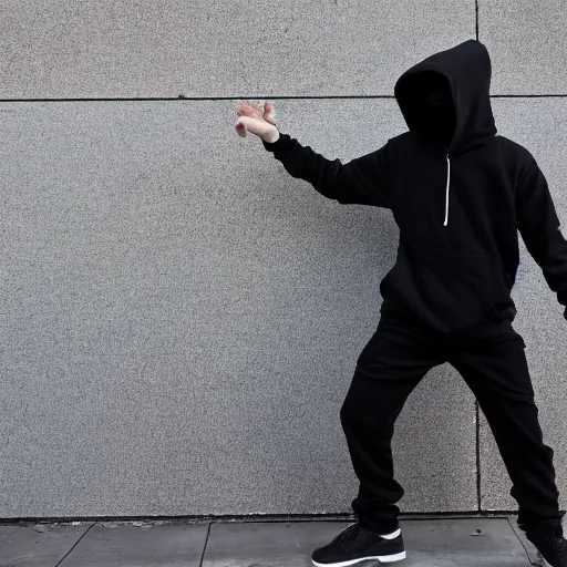 Image similar to photo of a man who dabs, in black hoodie and black pants, broad daylight in front of construction site barier wall