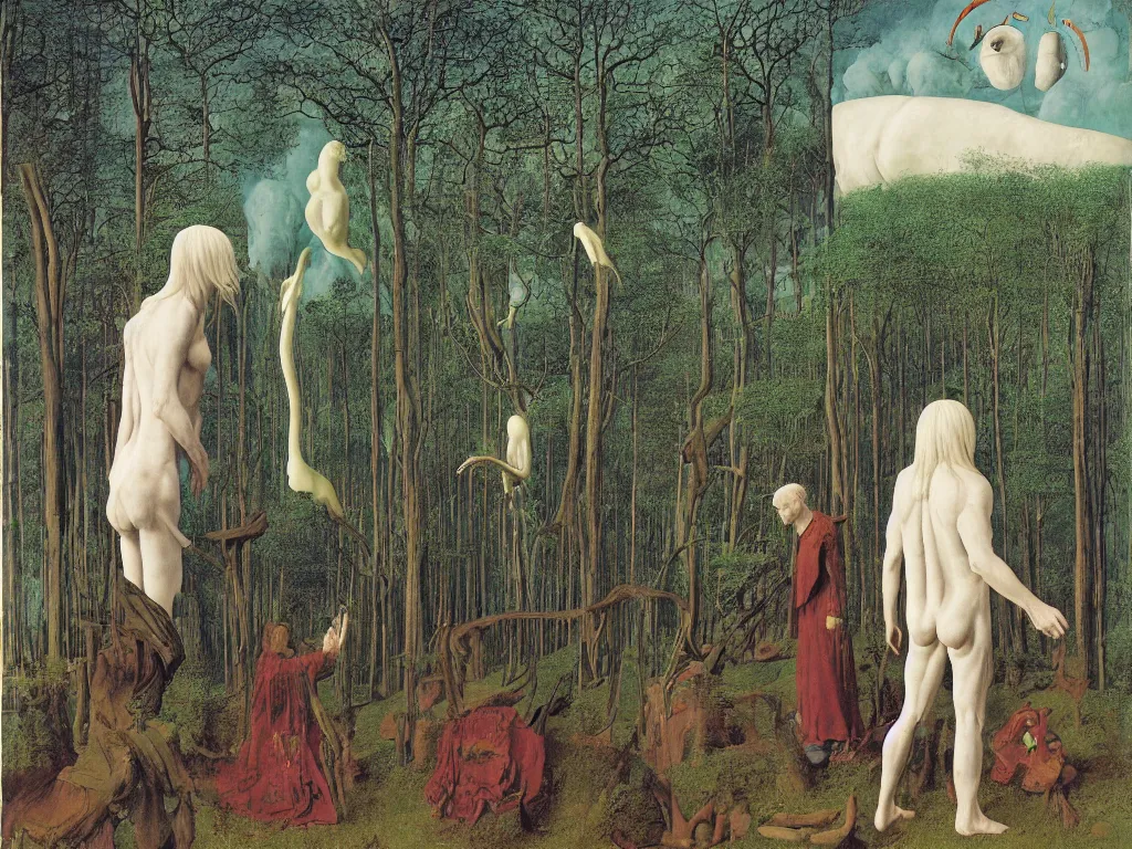 Image similar to albino mystic, with his back turned, looking at a dinosaur over the forest in the distance. Painting by Jan van Eyck, Audubon, Rene Magritte, Agnes Pelton, Max Ernst, Walton Ford