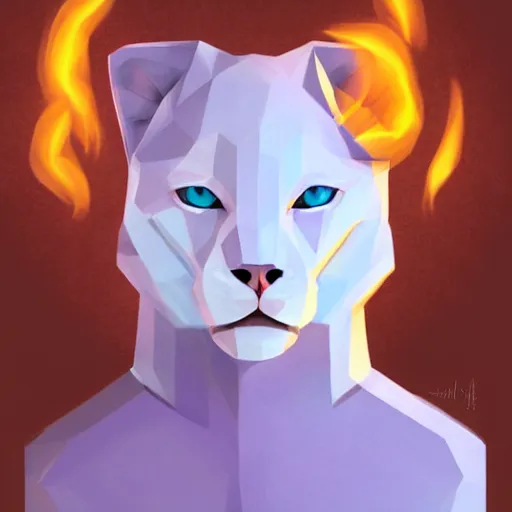 Image similar to aesthetic albino panther fursona portrait, commission of a anthropomorphic lion on fire, fursona wearing stylish clothes, winter armosphere, pastel simple art, low poly