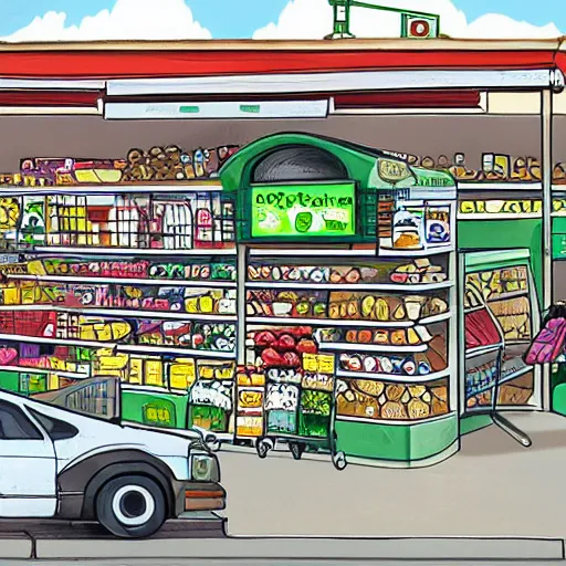 Prompt: an incredibly realistically drawn grocery store with a giant fat cartoon rabbit scp inside.