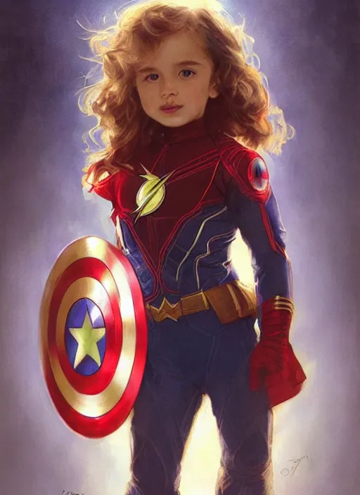 Image similar to a little girl with a mischievous face and light brown curly wavy hair. she is dressed as captain america, batman, the flash, captain marvel, wonder woman, a superhero. clean elegant painting, beautiful detailed face. by artgerm and greg rutkowski and alphonse mucha