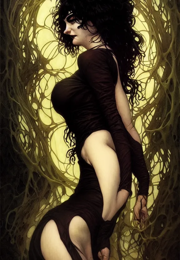 Image similar to perky character death from comic book the sandman by neil gaiman, fantasy magic, dark light night, intricate, elegant, sharp focus, illustration, highly detailed, digital painting, concept art, matte, art by wlop and artgerm and greg rutkowski and alphonse mucha, masterpiece