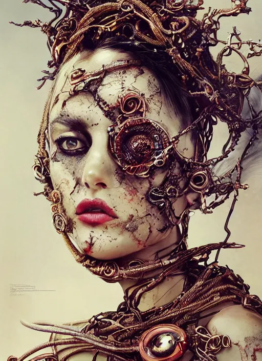Image similar to expressive photo of sophia lauren, bumpy mottled skin full of blood and scars, ornate headpiece made from metals, cables and wires, hyper maximalist, elegant, body horror, by karol bak nd yoshitaka amano and greg rutkowski and jeremyg lipkinng and artgerm, photorealistic, fashion photography
