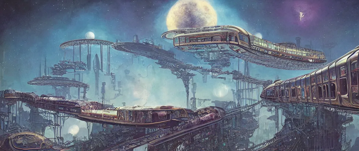 Image similar to A beautiful illustration of a retro futurism elevated railway on another world by Daniel merriam | sparth:.2 | Time white:.3 | Rodney Matthews:.5 | Graphic Novel, Visual Novel, Colored Pencil, Comic Book:.2 | unreal engine:.3