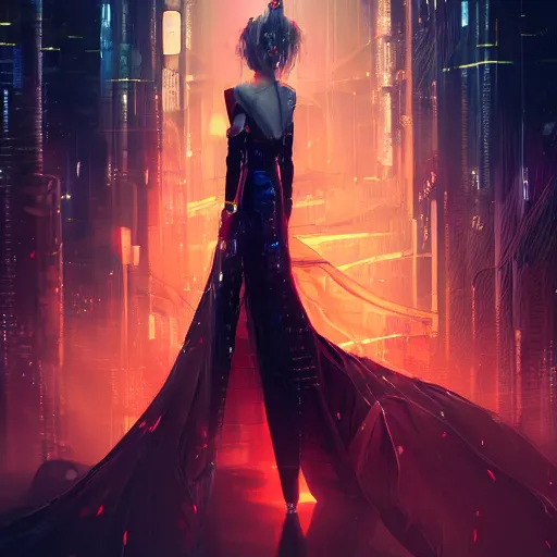 Prompt: Ross Tran style , blade runner robot, sci-fi, 4K symmetrical portrait, flowing long dress, kimono, billowing fabric, glowing floral headdress, parasol, walking on water, swirling koi fish, city lights, octane render, cgsociety.