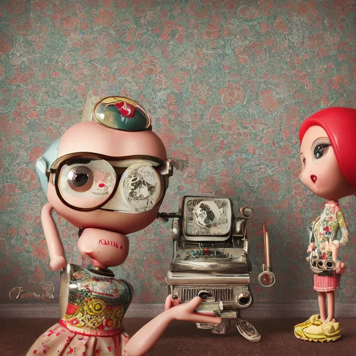 Image similar to closeup portrait of tin toy retro living room, depth of field, zeiss lens, detailed, symmetrical, centered, fashion photoshoot, by nicoletta ceccoli, mark ryden, lostfish, breathtaking, 8 k resolution, extremely detailed, beautiful, establishing shot, artistic, hyperrealistic, octane render