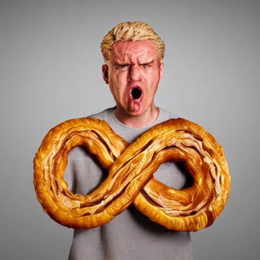 Image similar to Photorealistic man made out of Danish pastry, very angry, studio lighting.