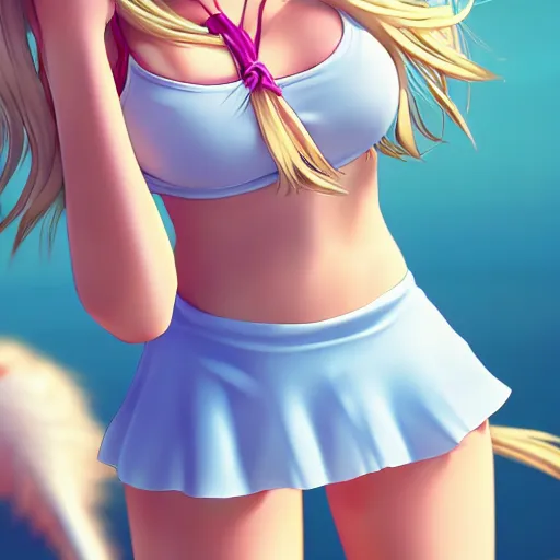 Prompt: a very beautiful young anime tennis girl, full body, long wavy blond hair, sky blue eyes, full round face,, bikini, miniskirt, front view, mid - shot, highly detailed, cinematic wallpaper by wlop