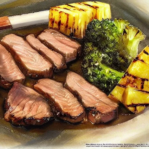 Image similar to a plate of seared glazed pork with a side of grilled pineapple and long broccoli, rpg item, fantasy concept art by craig mullins