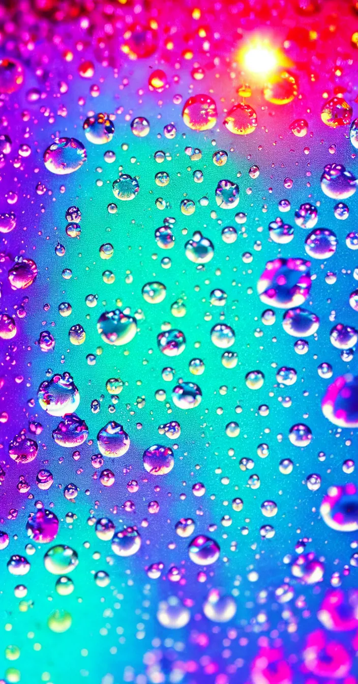 Prompt: highly detailed realistic photo of water droplets backlit on colourful background, very sharp focus, award winning masterpiece photography, hyper realistic, concept art, 8 k detail post - processing