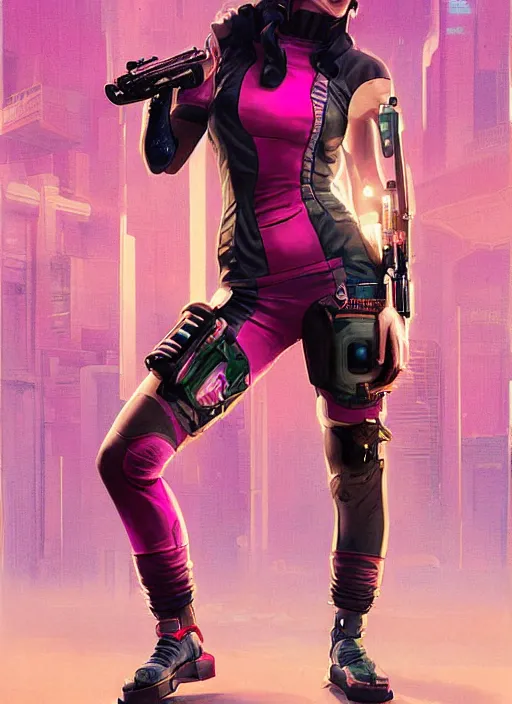 Prompt: beautiful cyberpunk female athlete in pink jumpsuit. lady firing a futuristic red automatic pistol with huge magazine. ad for pistol. cyberpunk poster by james gurney, azamat khairov, and alphonso mucha. artstationhq. gorgeous face. painting with vivid color, cell shading. ( rb 6 s, cyberpunk 2 0 7 7 )