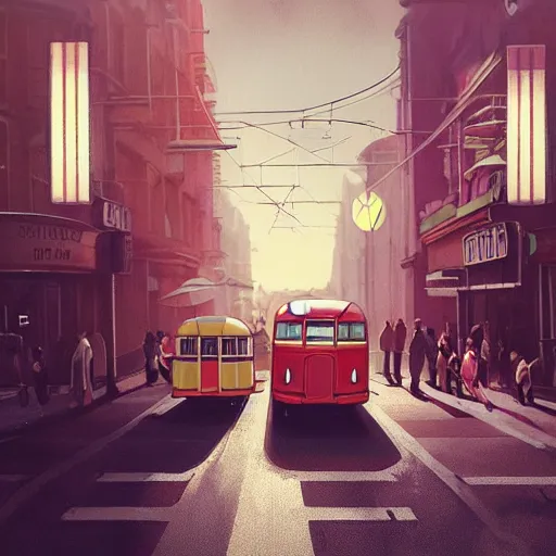 Prompt: retro futuristic vintage cars, buses, trams, street scene, atmospheric lighting, painted, intricate, volumetric lighting, beautiful, daytime, sunny weather, slight overcast, sharp focus, deep colours, ultra detailed, by leesha hannigan, ross tran, thierry doizon, kai carpenter, ignacio fernandez rios