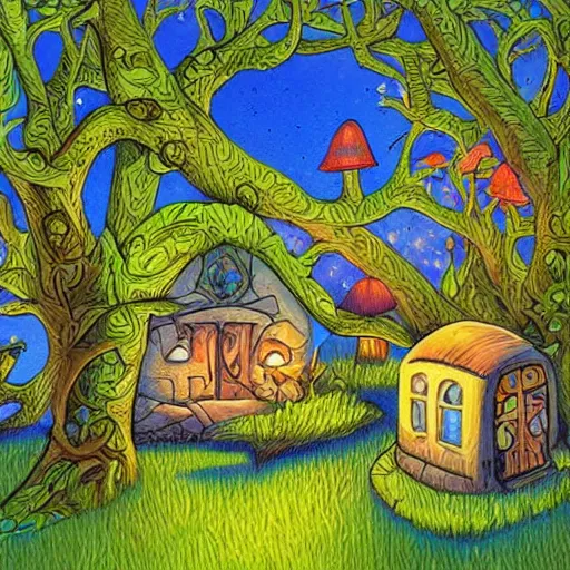 Prompt: acrylic painting , whole page illustration , art in the style of Terry Moore, a tiny village carved into the side of a tree, inhabited by elves and faeries, the outside lights are bioluminescent mushrooms and fungi intricately detailed