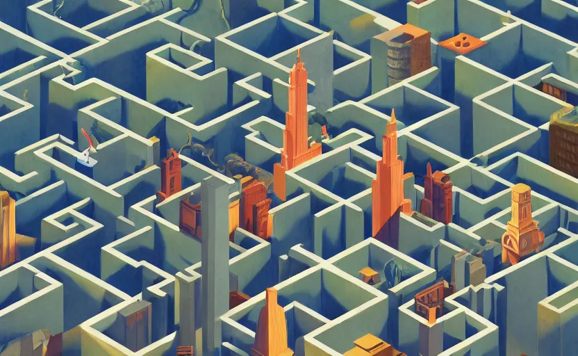 Prompt: An isometric shot of city in a shape of Maze , very coherent, painted by Edward Hopper, Wayne Barlowe, painted by James Gilleard, airbrush, art by JamesJean