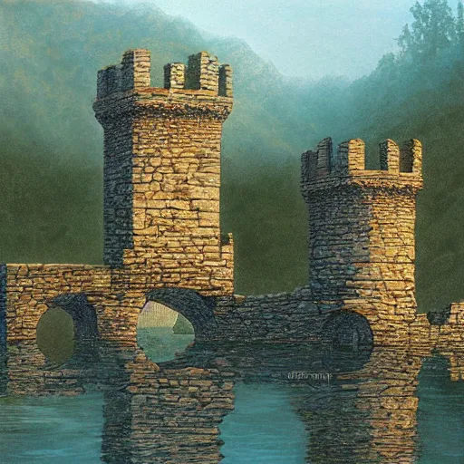 Image similar to three ruined stone towers in a lake. misty weather. painting by Ted Nasmith and Larry Elmore.