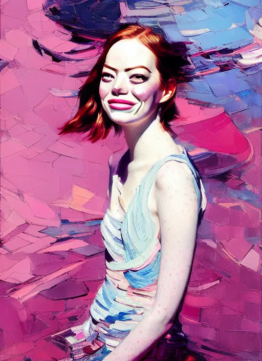 Image similar to portrait of a emma stone, smiling, ecstatic, dancing, eyes closed, open mouth, shades of pink and blue, beautiful face, rule of thirds, intricate outfit, spotlight, by greg rutkowski, by jeremy mann, by francoise nielly, by van gogh, digital painting