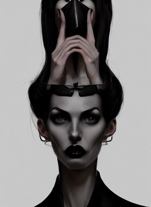 Image similar to portrait of a lanky woman with a crooked nose and a confident expression, 1 9 6 0 s, black clothes, goth, punk, funk, intricate, elegant, highly detailed, digital painting, artstation, concept art, smooth, sharp focus, illustration, art by wlop, mars ravelo and greg rutkowski