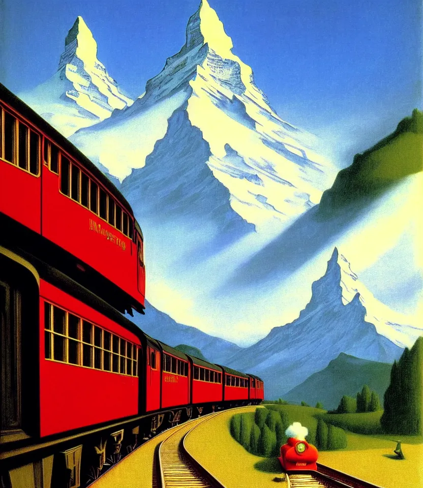 Prompt: an achingly beautiful print of a train in front of the matterhorn by raphael, hopper, and rene magritte. detailed, golden ratio, romantic, enchanting, trending on artstation