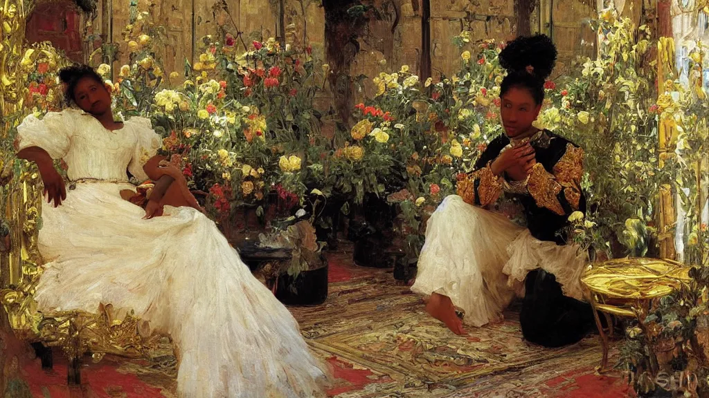 Image similar to high quality high detail painting by ilya repin, black woman in a white room with many plants, intricate costume design, orientalist, partially gold, ornate, elite, luxury, hd